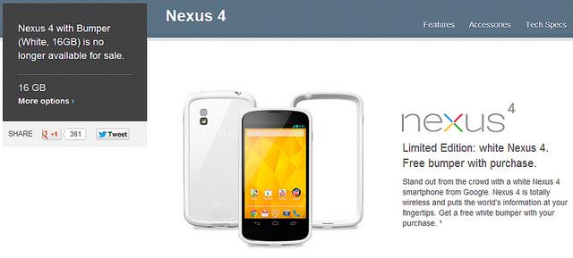 Nexus 4 สีขาวขายหมดเกลี้ยงใน Play Store, ไม่เอามาขายอีกต่อไป