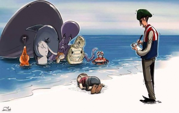 ศิลปะสุดเศร้า!! ชาวเน็ต “วาดการ์ตูนอาลัย” หนูน้อยซีเรีย จมน้ำระหว่างอพยพ!!