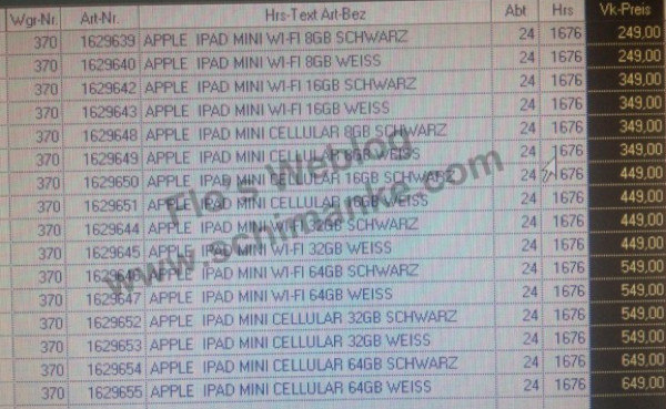 ราคา iPad mini หลุดออกมาแล้ว รุ่นถูกสุด 9,900 บาท, มีทั้งแบบ Wi-Fi และ 3G