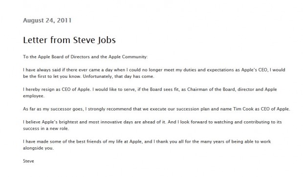 Steve Jobs ประกาศลาออกจากตำแหน่ง CEO ของ Apple อย่างเป็นทางการแล้ว