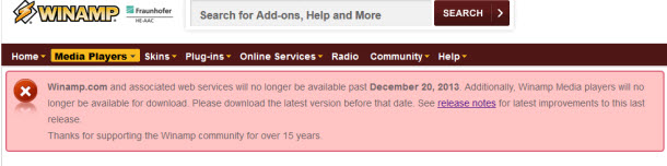 Winamp โปรแกรมฟังเพลงประกาศหยุดพัฒนาพร้อมปิดตัว 20 ธันวาคมนี้