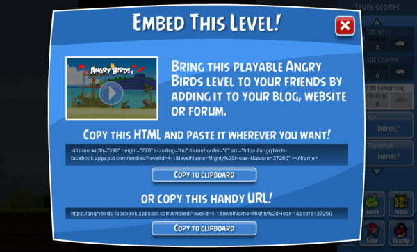 Angry Birds ใน Facebook เปิดฟีเจอร์ใหม่ สามารถแปะตัวเกม (Embed) ไว้เล่นบนเว็บอื่นๆ ได้ !