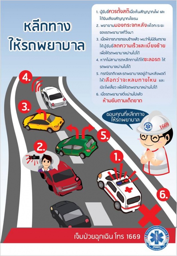 6  การหลีกทางให้รถพยาบาลฉุกเฉิน เผื่อคนบนรถเป็นญาติคุณ
