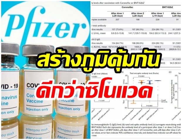 ผลวิจัยชี้ ไฟเซอร์ 2 เข็ม สร้างแอนติบอดี้เหนือกว่า ซิโนเเวค ราว 11 เท่า